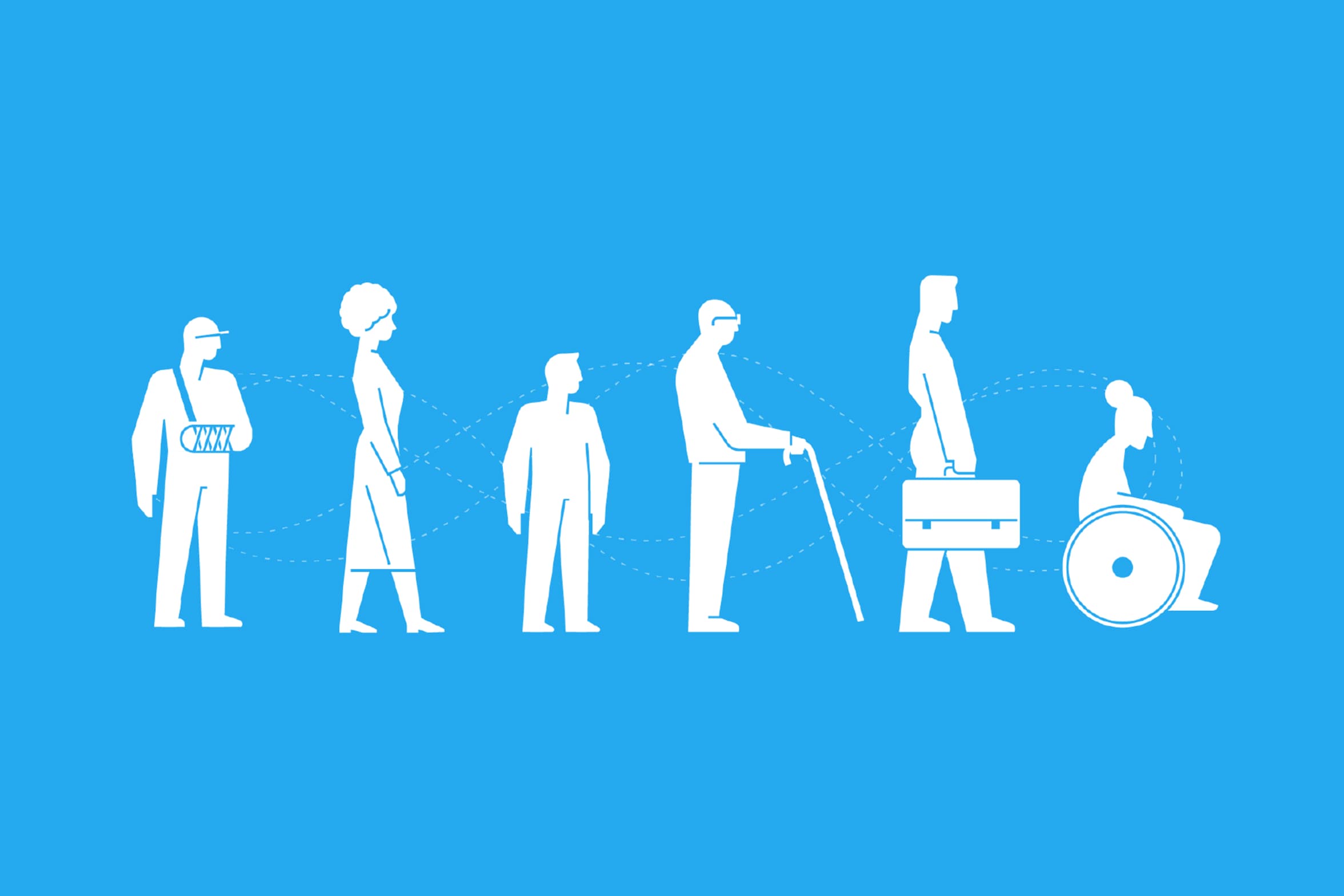 White silhouettes of six people on a blue background, including individuals using a wheelchair, a white cane, and an arm sling.