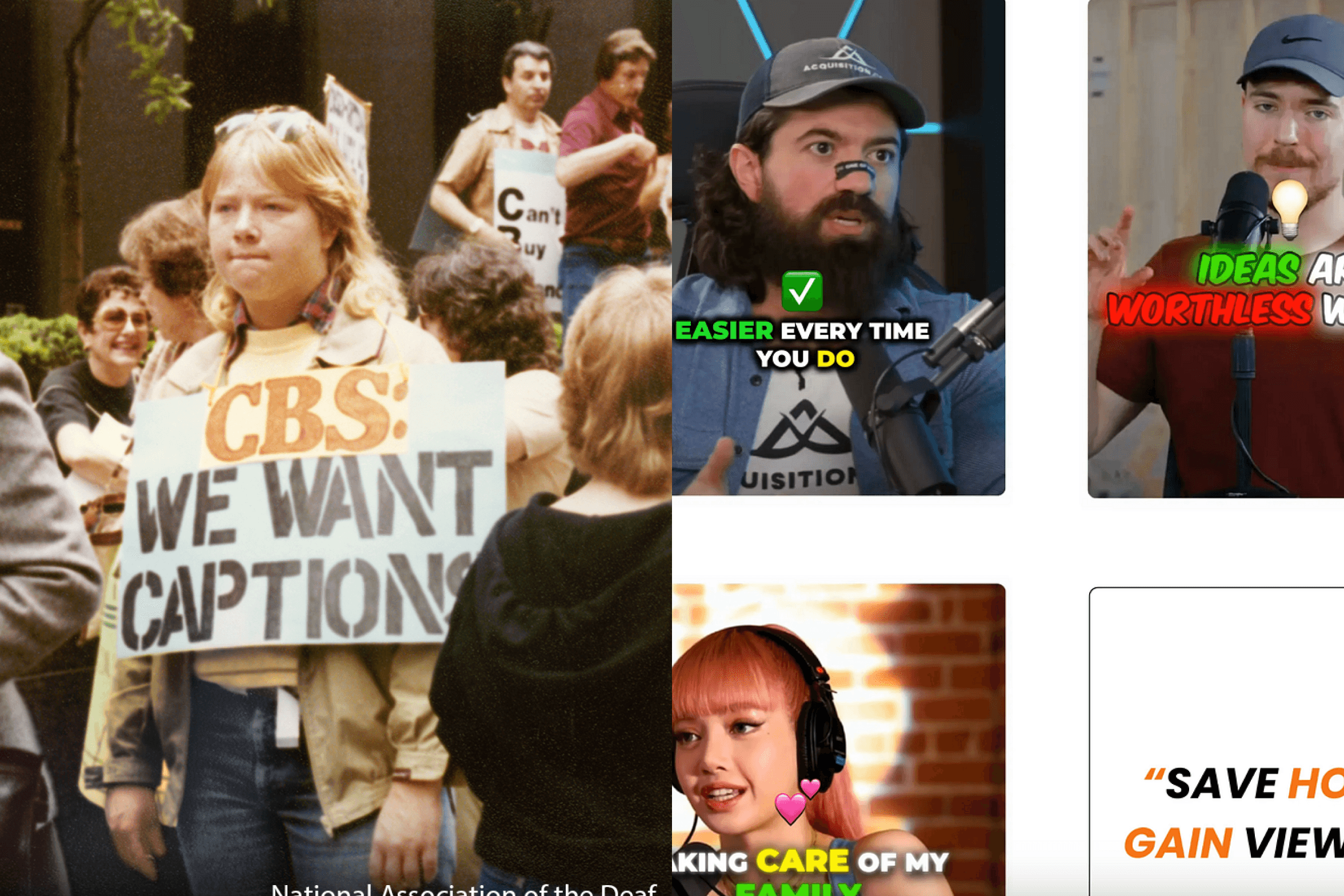 Collage juxtaposing a historical photo of a child holding a 'CBS: We Want Captions' protest sign, attributed to the National Association of the Deaf, with modern social media video thumbnails featuring bold captions.