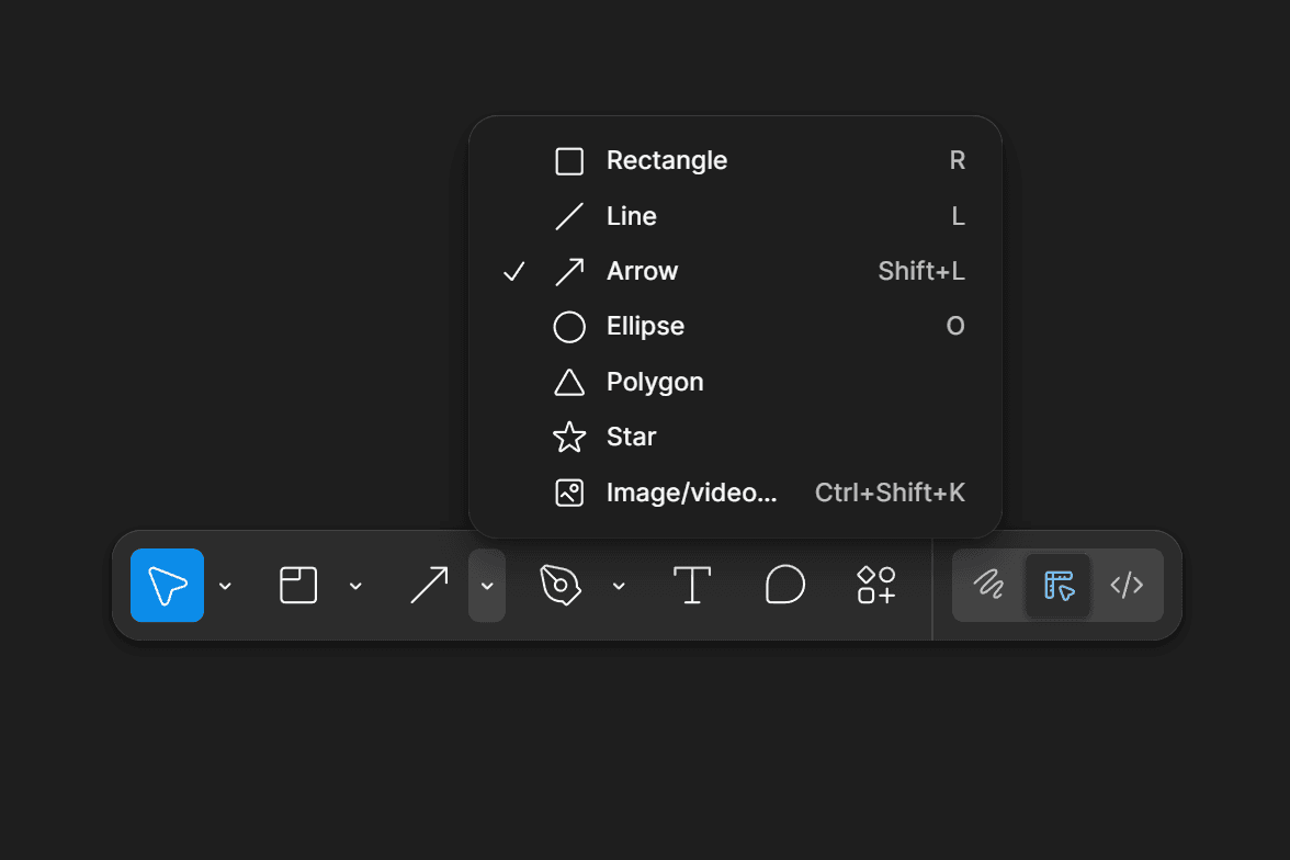 Screenshot of Figma's shape insertion toolbar showing a dropdown menu with 7 options: Rectangle, Line, Arrow, Ellipse, Polygon, Star, and Image/video, with keyboard shortcuts listed alongside each.