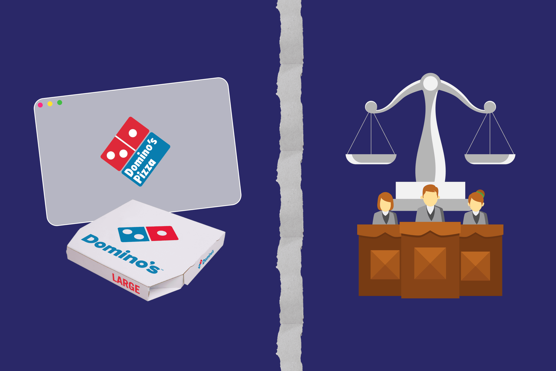 Illustration split down the middle: on the left, a Domino's Pizza website browser window and pizza box; on the right, a courtroom scene with three figures seated behind a bench and a scales of justice icon above them.