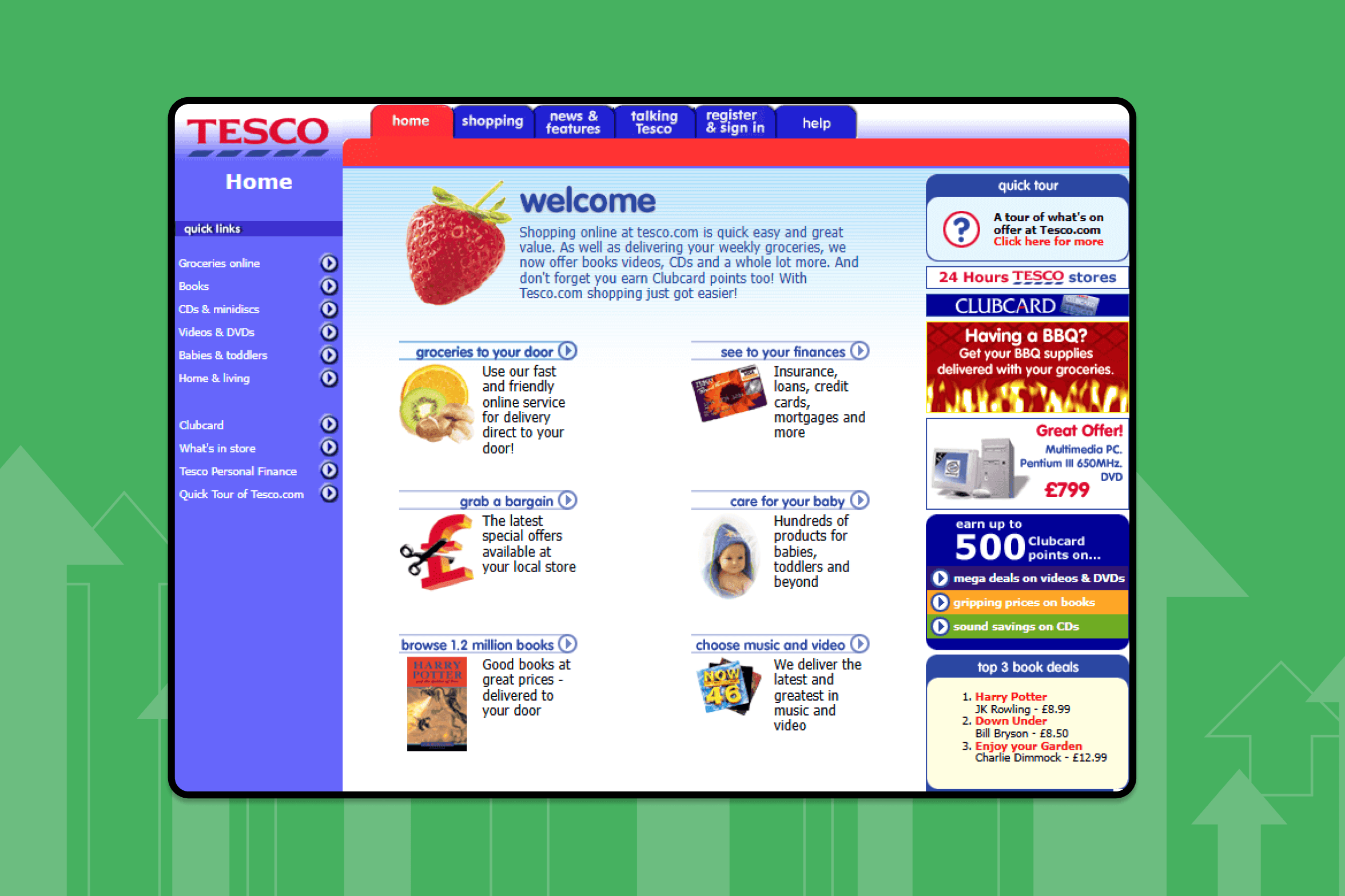 Screenshot of the early 2000s Tesco.com homepage displayed on a modern device mockup, featuring a navigation bar, product category links, promotional banners, and a welcome message, set against a green background with upward-pointing arrows.
