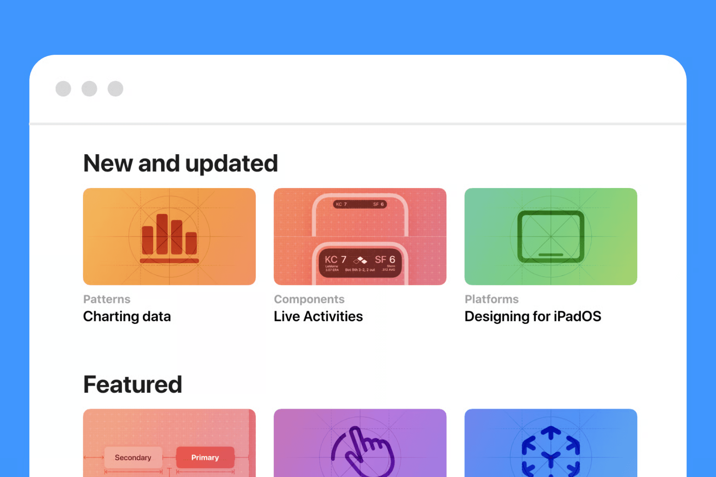 Screenshot of Apple's Human Interface Guidelines website showing 'New and updated' sections for Charting data, Live Activities, and Designing for iPadOS