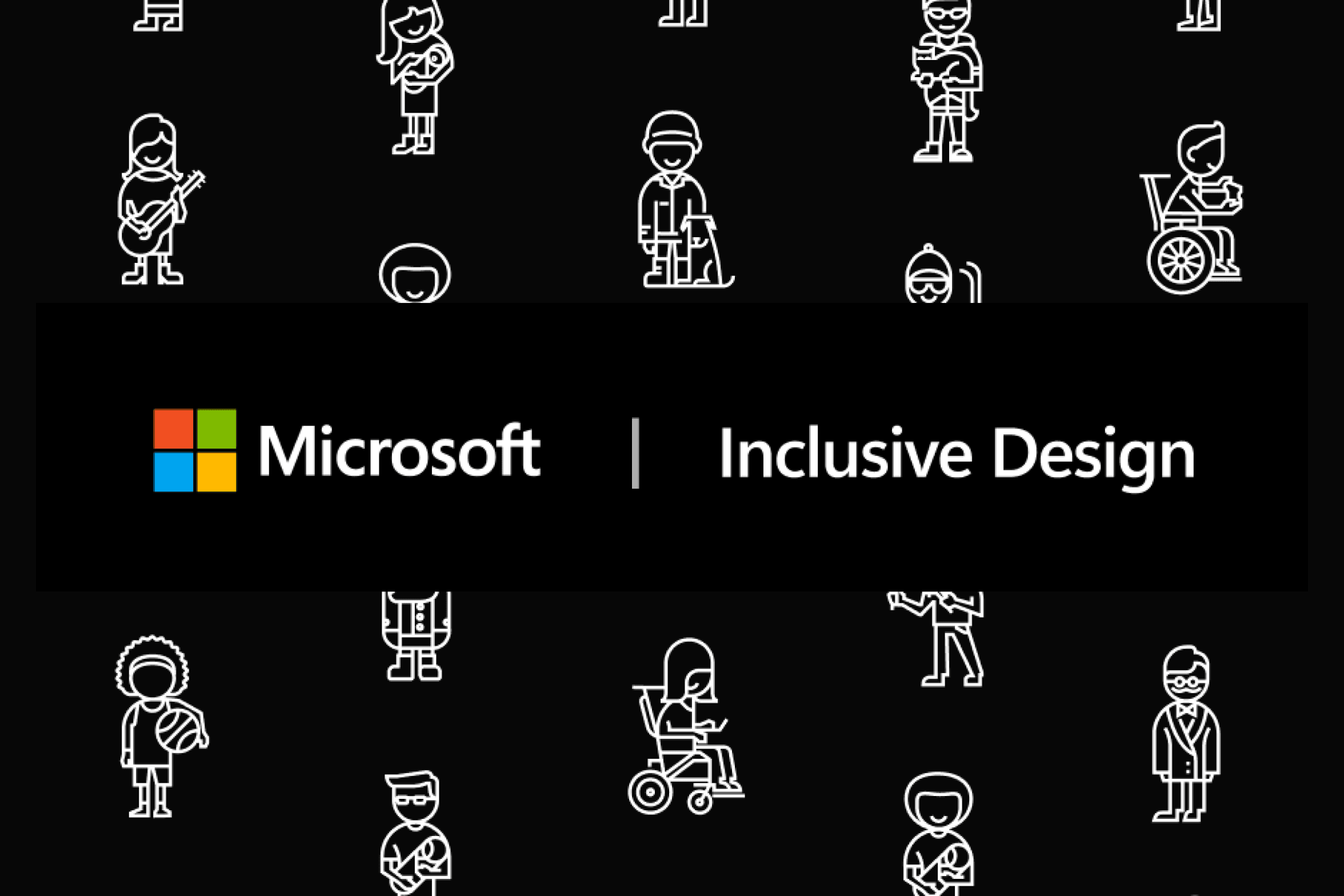 Microsoft Inclusive Design branding with white outline illustrations of diverse people with various disabilities on a black background