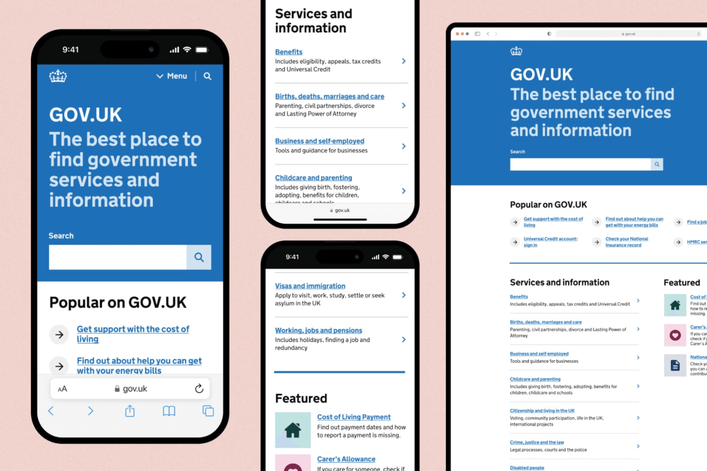 GOV.UK homepage displayed across two phones and a desktop browser