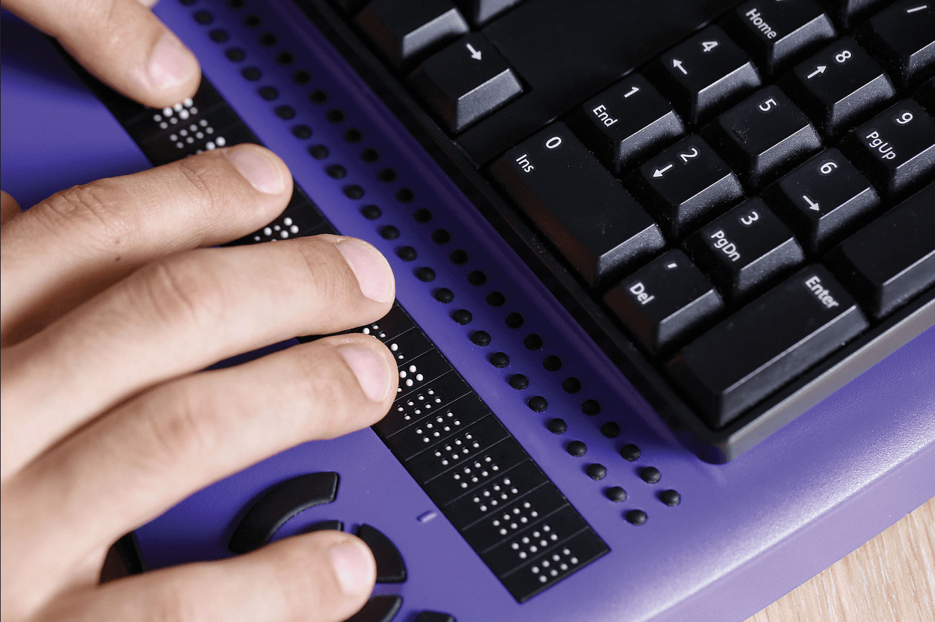 A user navigating a website using a braille display and keyboard