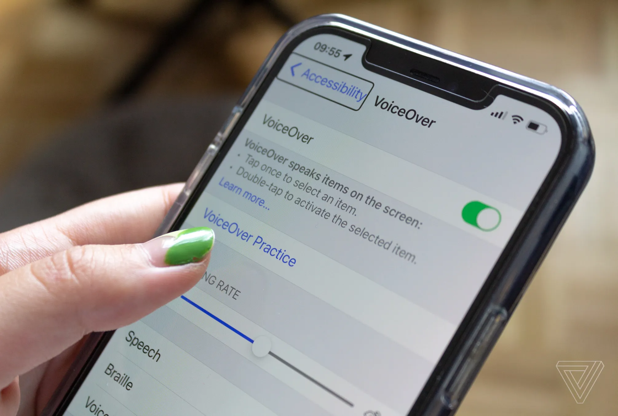 A smartphone showing the VoiceOver accessibility settings screen