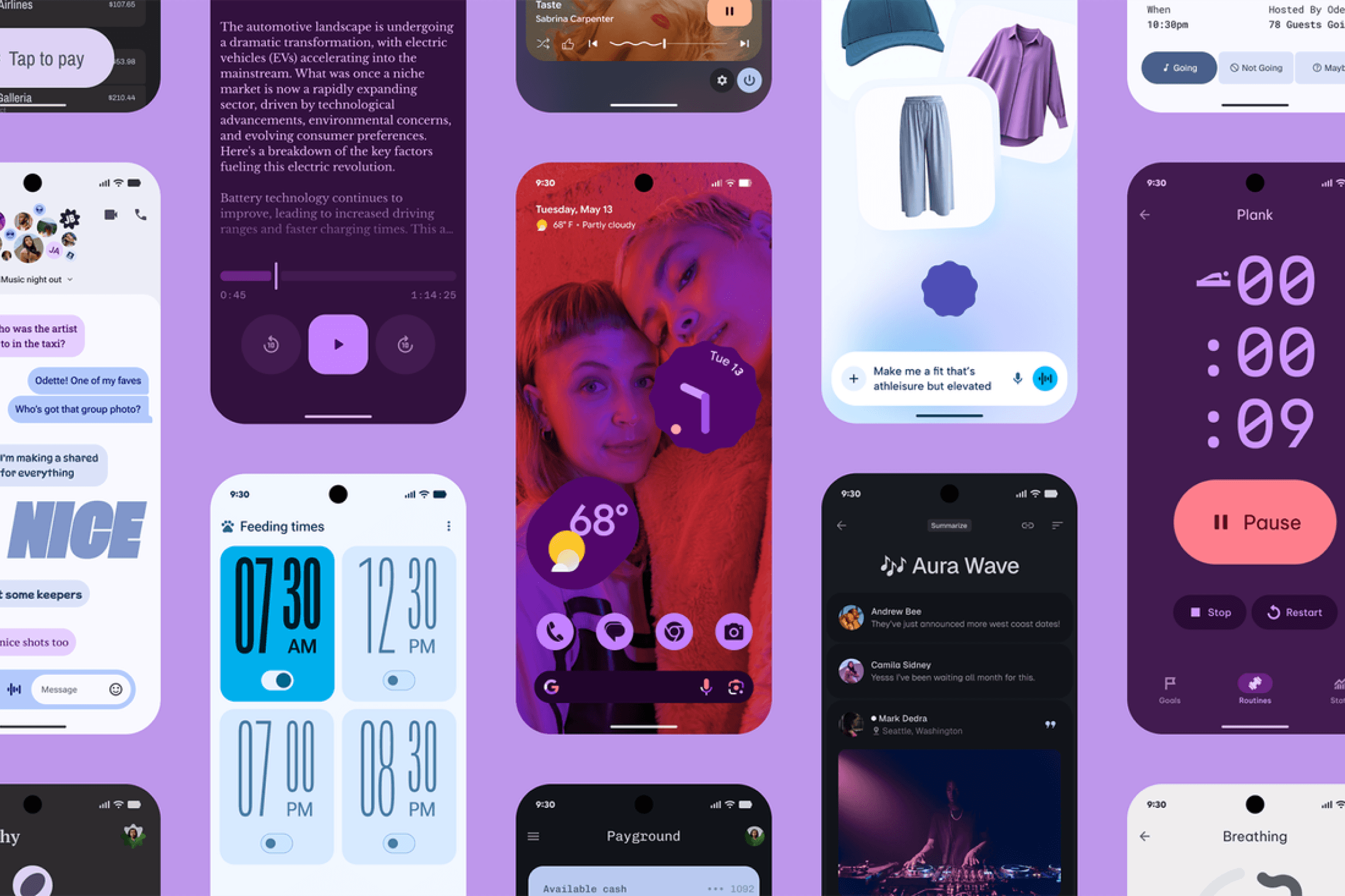 Collage of Android app UI screens showcasing Material 3 design components on a purple background